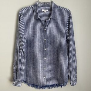Beach Lunch Lounge Blue Striped Linen Blend
Button Down Fringe Top